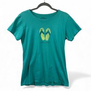 Life is Good T-Shirt Women's Size M Flip Flops Summer Green Relaxed Beach